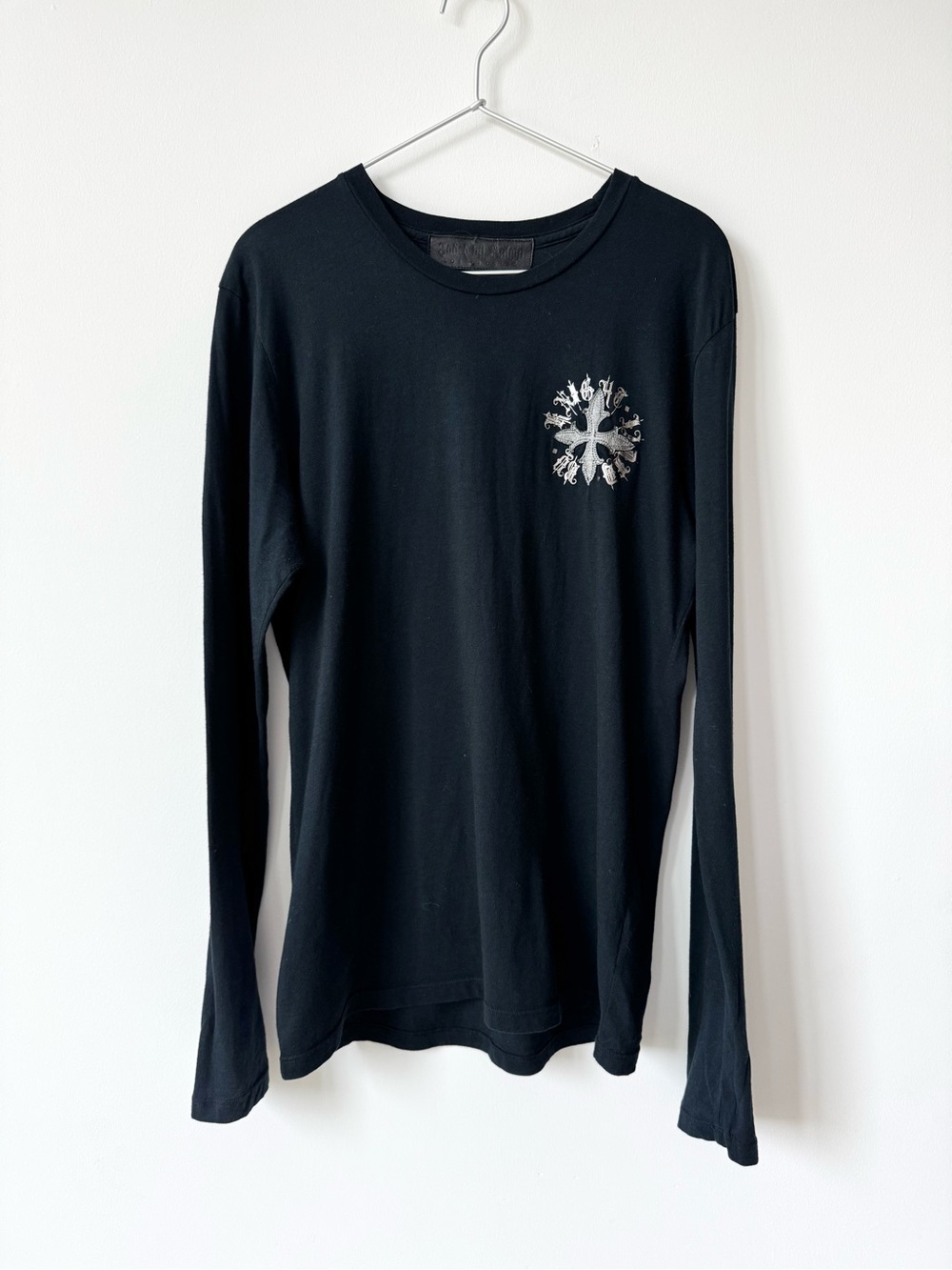 Jaded by Knight Men's Black Long Sleeve Tee with Leather Cross Appliqué - M
